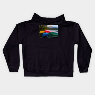 Canoes on Cavell Lake Jasper National Park Alberta Canada Pyramid Mountain Kids Hoodie